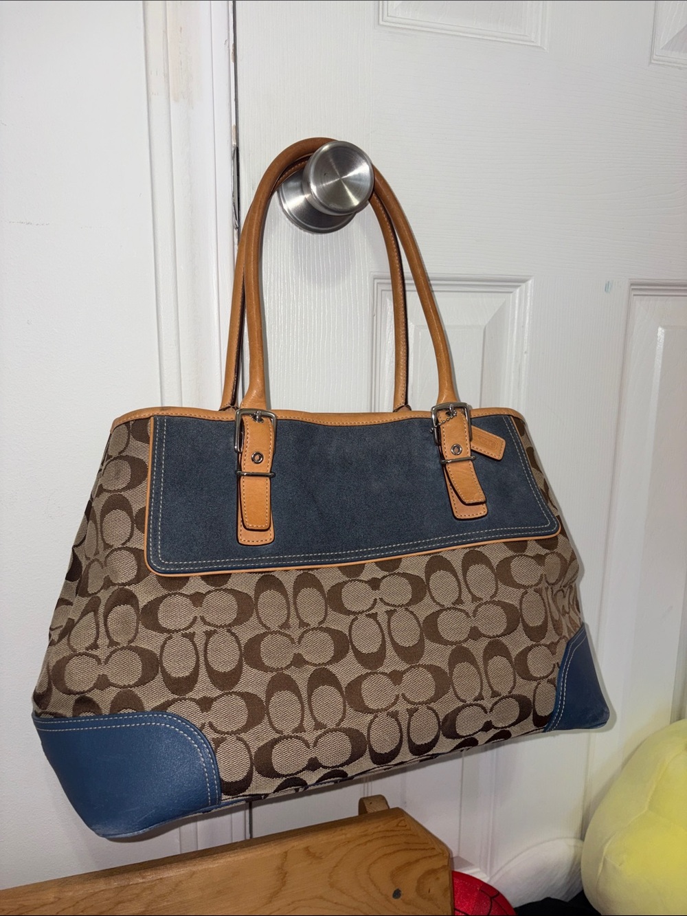 Coach Canvas Signature Tote in Tan and Blue with Leather Trim
